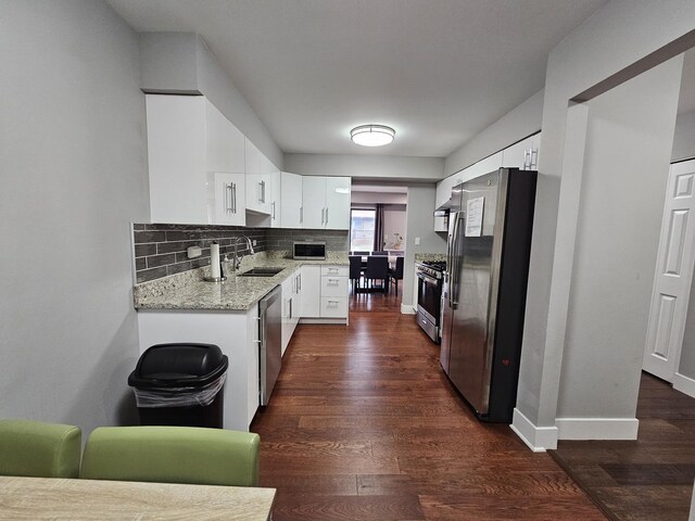kitchen with a sink, backsplash, dark wood-style floors, and stainless steel appliances
