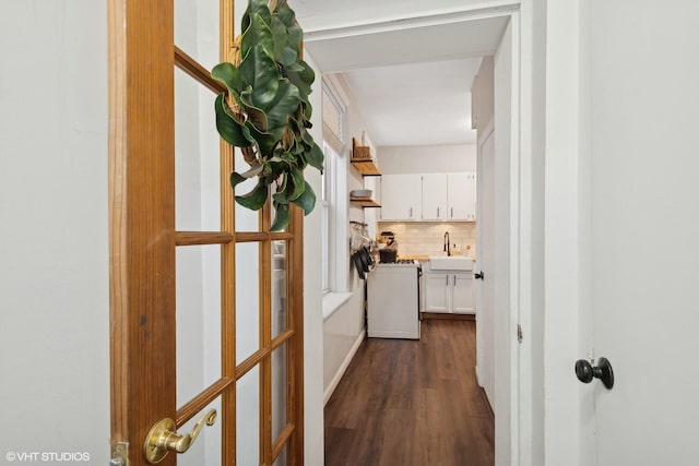 hall featuring dark wood-type flooring and a sink