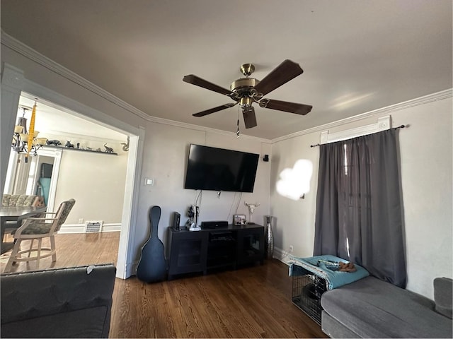 238 Ann St, West Chicago, IL 60185 - living room featuring crown molding, wood finished floors, ceiling fan, and visible vents