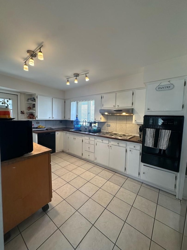 238 Ann St, West Chicago, IL 60185 - kitchen featuring light tile patterned floors, tasteful backsplash, white cabinetry, black appliances, and dark countertops