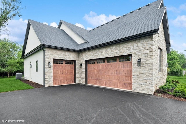 10940 German Church Rd, La Grange, IL 60525 - view of side of home with stone siding, a garage, roof with shingles, driveway, and stucco siding