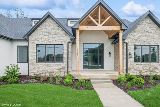 10940 German Church Rd, La Grange, IL 60525 - view of front of property featuring stone siding, a front yard, stucco siding, and a shingled roof