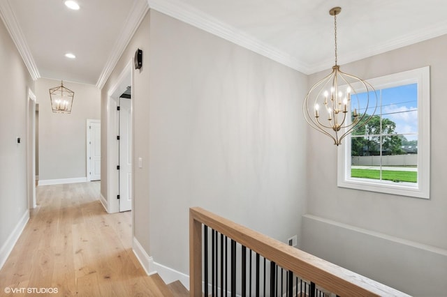 10940 German Church Rd, La Grange, IL 60525 - hall with a chandelier, light wood finished floors, crown molding, an upstairs landing, and recessed lighting