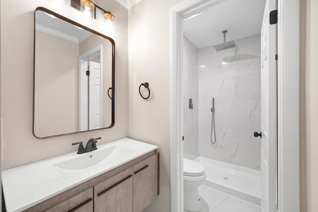 bathroom featuring vanity, marble finish floor, toilet, and a marble finish shower