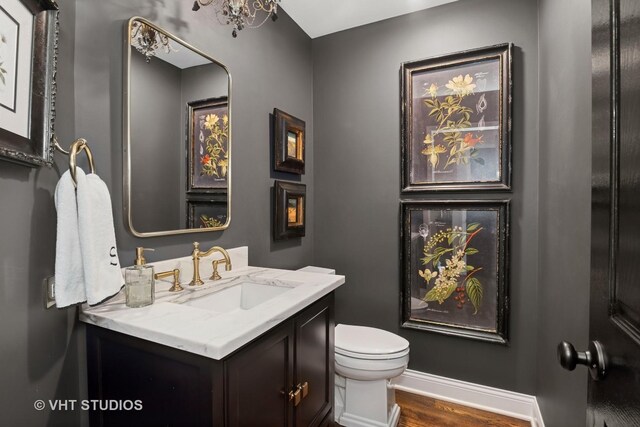 bathroom featuring wood finished floors, vanity, and toilet