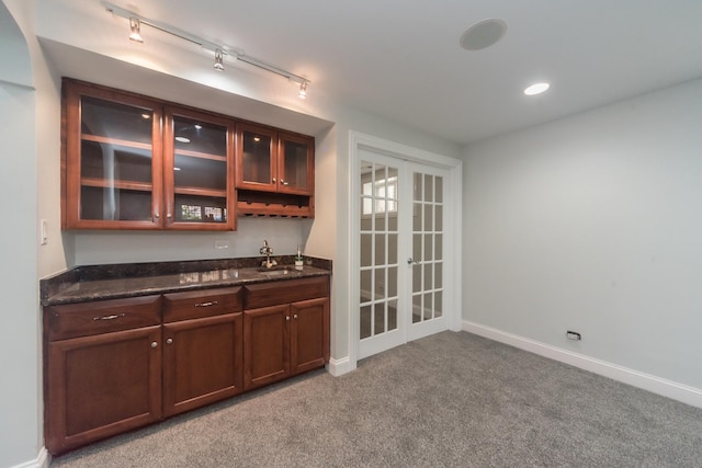 1615 W Superior St, Chicago, IL 60622 - bar area featuring french doors, track lighting, light carpet, baseboards, and recessed lighting