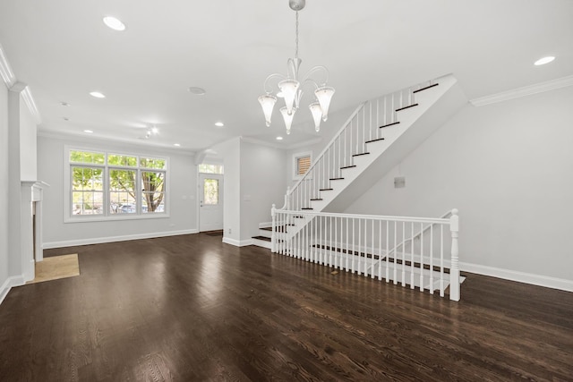 1615 W Superior St, Chicago, IL 60622 - stairway featuring ornamental molding, baseboards, wood finished floors, recessed lighting, and a chandelier