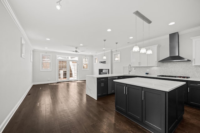 1615 W Superior St, Chicago, IL 60622 - kitchen featuring wall chimney exhaust hood, dishwasher, open floor plan, a kitchen island, and a sink