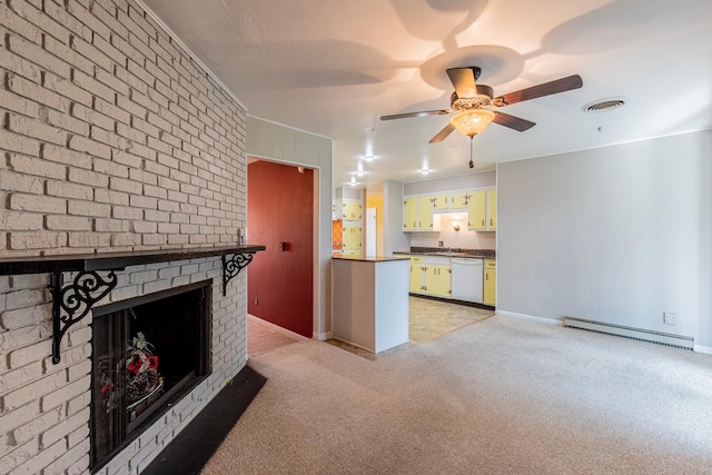unfurnished living room with light colored carpet, a ceiling fan, visible vents, a baseboard heating unit, and a brick fireplace