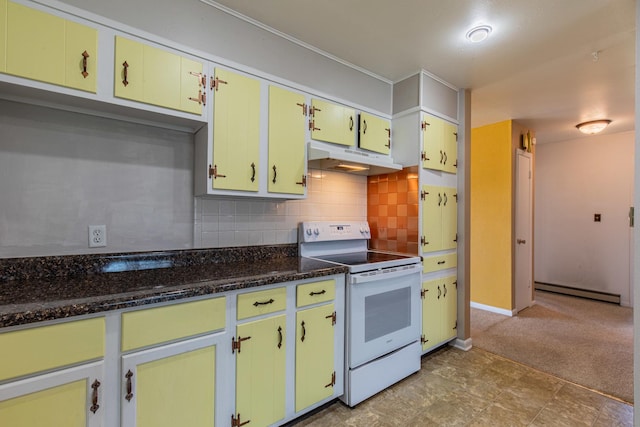 kitchen with baseboard heating, under cabinet range hood, white electric stove, baseboards, and backsplash