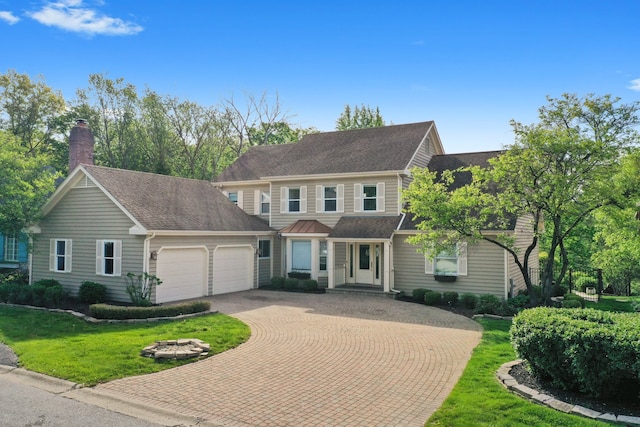 717 Stonebridge Rd, Frankfort, IL 60423 - view of front facade with curved driveway, an attached garage, a chimney, a front lawn, and a shingled roof