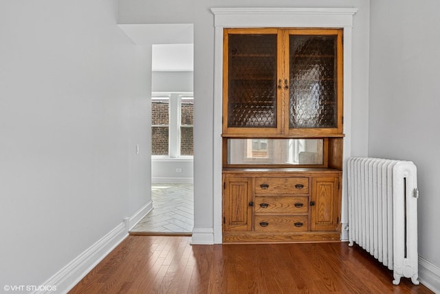 interior space with baseboards, radiator, and dark wood finished floors