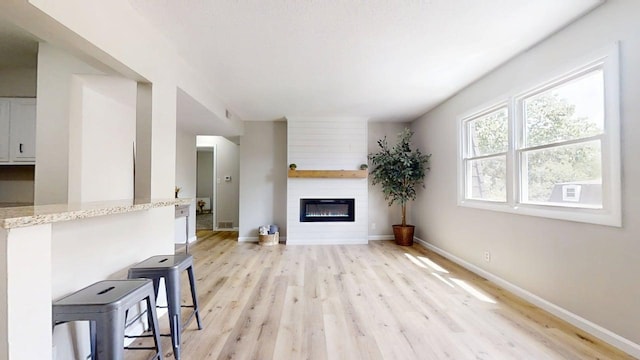 912 Crescent Dr Unit 2-4, Champaign, IL 61821 - unfurnished living room with light wood finished floors, baseboards, and a large fireplace