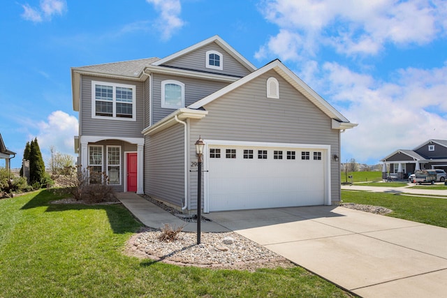 traditional home featuring concrete driveway, a front yard, and a garage