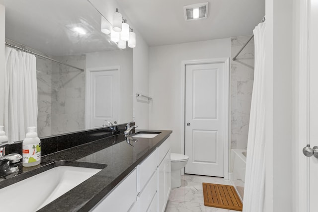full bath featuring toilet, marble finish floor, a sink, and visible vents