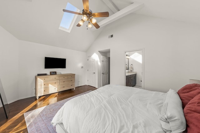 bedroom with dark wood-style flooring, visible vents, beamed ceiling, a skylight, and high vaulted ceiling