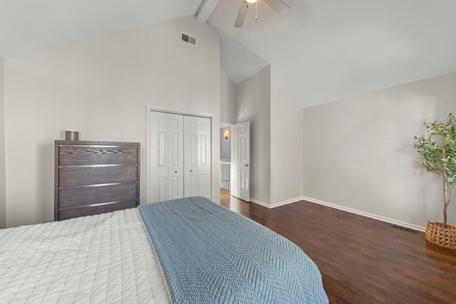 bedroom featuring visible vents, ceiling fan, wood finished floors, and beamed ceiling
