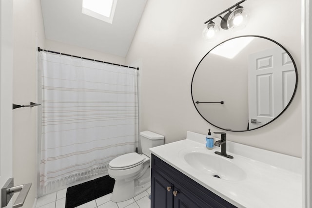 full bath with a shower with shower curtain, vanity, tile patterned flooring, vaulted ceiling with skylight, and toilet