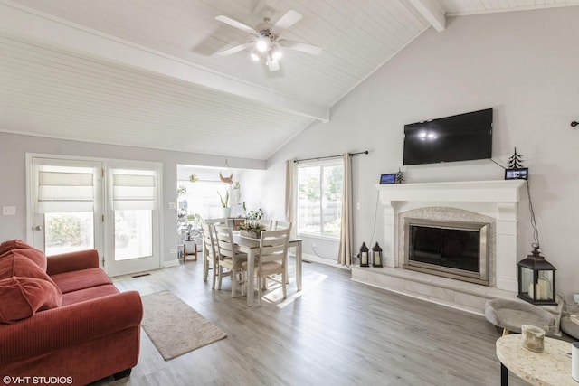 living room featuring a ceiling fan, wood finished floors, a premium fireplace, baseboards, and wooden ceiling