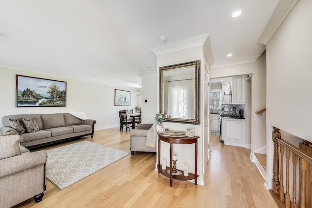 5740 Alabama Ave, Clarendon Hills, IL 60514 - living area featuring light wood-type flooring, baseboards, recessed lighting, and ornamental molding