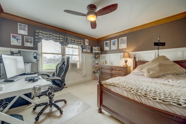 2624 Haddassah Dr, Naperville, IL 60565 - bedroom with ornamental molding, a wainscoted wall, a ceiling fan, and carpet flooring