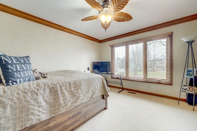 2624 Haddassah Dr, Naperville, IL 60565 - bedroom featuring crown molding, carpet, a ceiling fan, visible vents, and baseboards