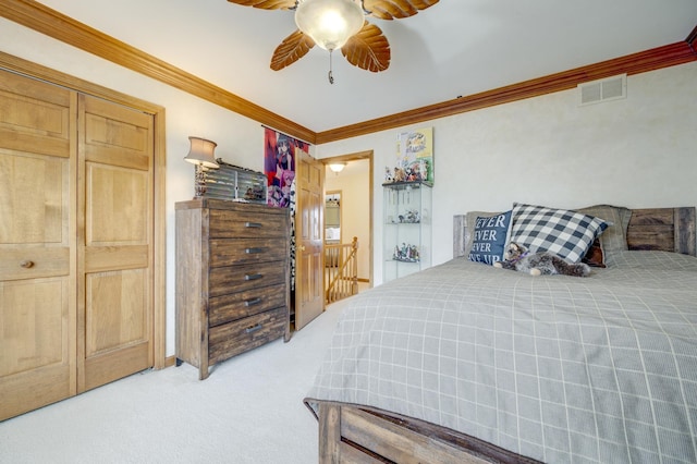 2624 Haddassah Dr, Naperville, IL 60565 - carpeted bedroom featuring visible vents, ornamental molding, and a ceiling fan