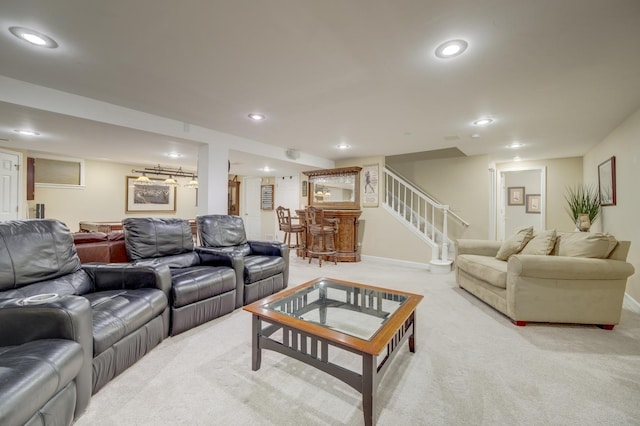 2624 Haddassah Dr, Naperville, IL 60565 - living area with a dry bar, recessed lighting, light colored carpet, and stairs