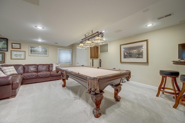 2624 Haddassah Dr, Naperville, IL 60565 - recreation room featuring visible vents, baseboards, recessed lighting, pool table, and light carpet
