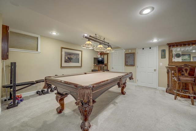2624 Haddassah Dr, Naperville, IL 60565 - playroom featuring recessed lighting, a bar, light carpet, baseboards, and billiards