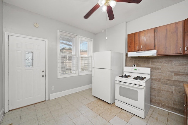 6611 S Peoria St, Chicago, IL 60621 - kitchen featuring white appliances, under cabinet range hood, a ceiling fan, brown cabinets, and light tile patterned floors