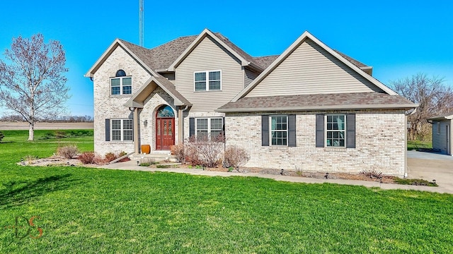 view of front of home featuring roof with shingles, a front yard, and brick siding