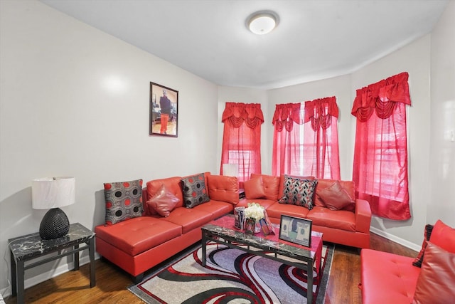 living room with baseboards and wood finished floors