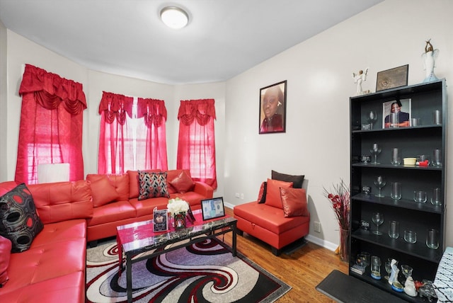 living area featuring baseboards and wood finished floors