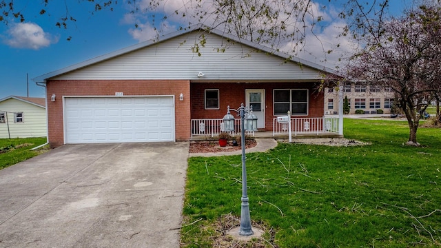 ranch-style house with a porch, a garage, concrete driveway, brick siding, and a front lawn