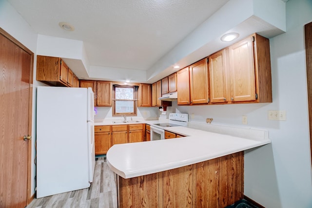 kitchen with light wood-style floors, white appliances, a peninsula, under cabinet range hood, and a sink