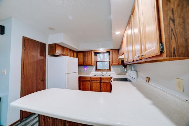 kitchen with a sink, light countertops, freestanding refrigerator, a peninsula, and electric stove