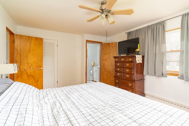 bedroom featuring a closet, a baseboard radiator, and ceiling fan