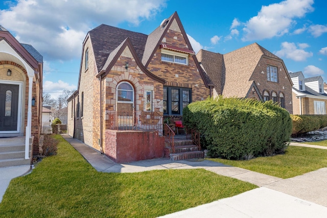 3418 N Oak Park Ave, Chicago, IL 60634 - english style home with a shingled roof, a front lawn, and brick siding