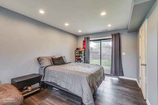 bedroom with access to outside, recessed lighting, baseboards, and dark wood-style floors