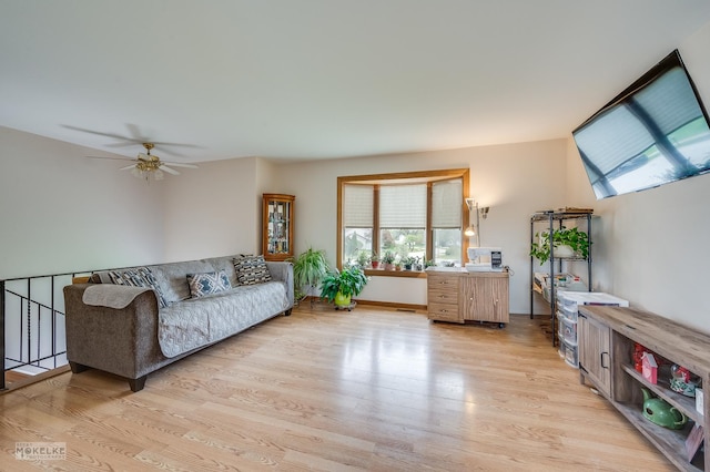 living room with a ceiling fan and light wood-style floors