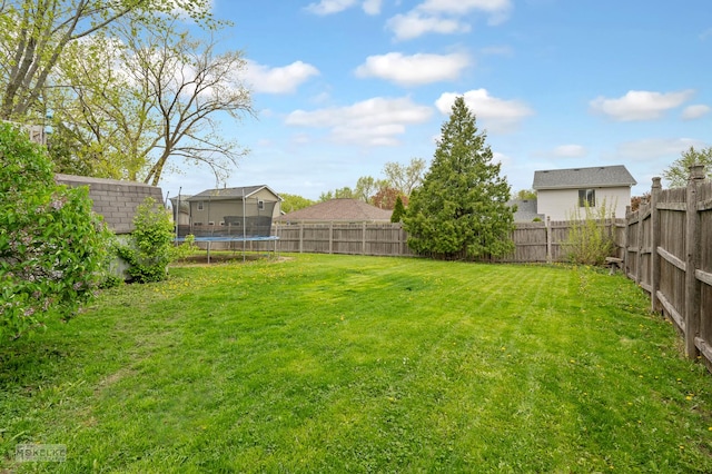 view of yard featuring a fenced backyard and a trampoline