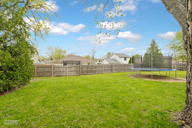 view of yard with a fenced backyard and a trampoline