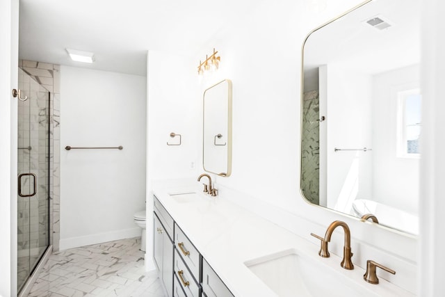 bathroom with a shower stall, visible vents, a sink, and toilet