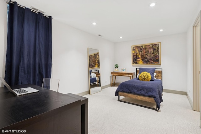 bedroom featuring baseboards, recessed lighting, and light colored carpet