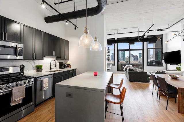 900 N Kingsbury St Unit 878, Chicago, IL 60610 - kitchen featuring stainless steel appliances, rail lighting, a sink, a kitchen island, and a high ceiling