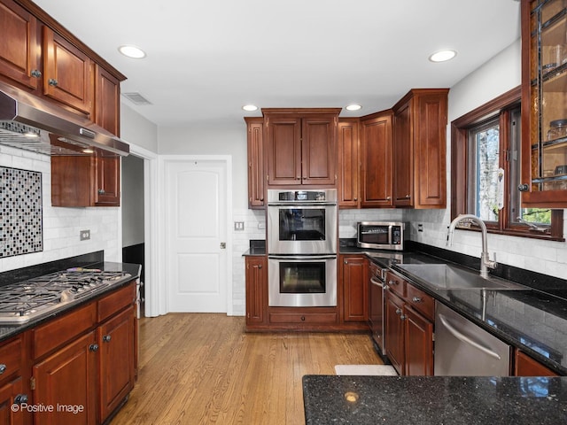 kitchen featuring a sink, light wood-style floors, stainless steel appliances, tasteful backsplash, and under cabinet range hood