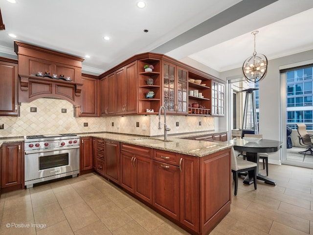 kitchen featuring crown molding, open shelves, a sink, a chandelier, and premium range