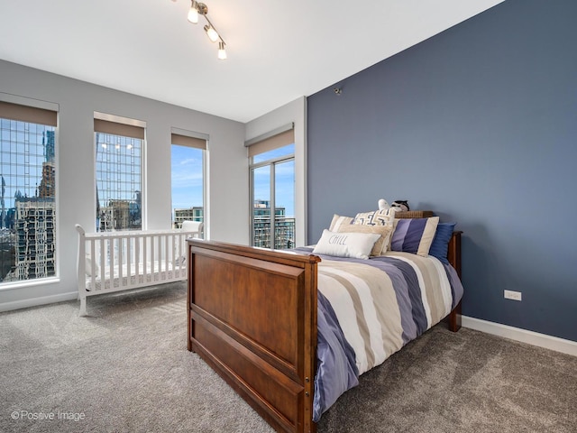carpeted bedroom featuring a view of city and baseboards