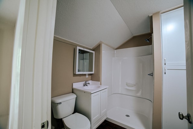 212 E Ash St, Watseka, IL 60970 - bathroom featuring toilet, vanity, lofted ceiling, a textured ceiling, and a shower